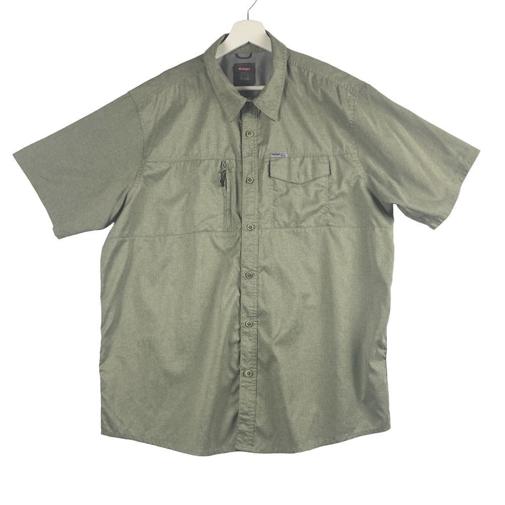Wrangler Shirt Mens XL Outdoor Green Stretch Pockets Short Sleeve Hiking Fishing